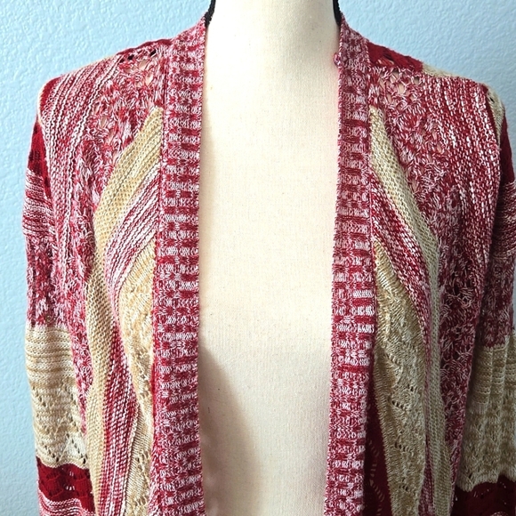 ABSOLUTELY FAMOUS Burgundy Beige open front long line cardigan waterfall Small - Picture 2 of 9